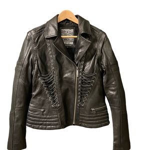 AFFLICTION SINNERS AND SAINTS LEATHER JACKET WOMEN’S SIZE L    NWOT